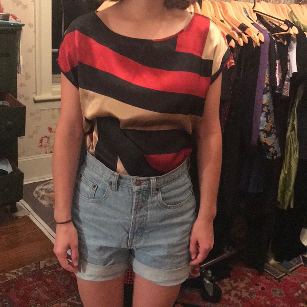 Black red and cream patterned silk blend blouse